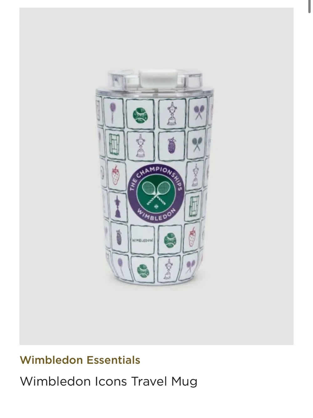 Wimbledon Travel Mug — White with Purple & Green Icon Pattern